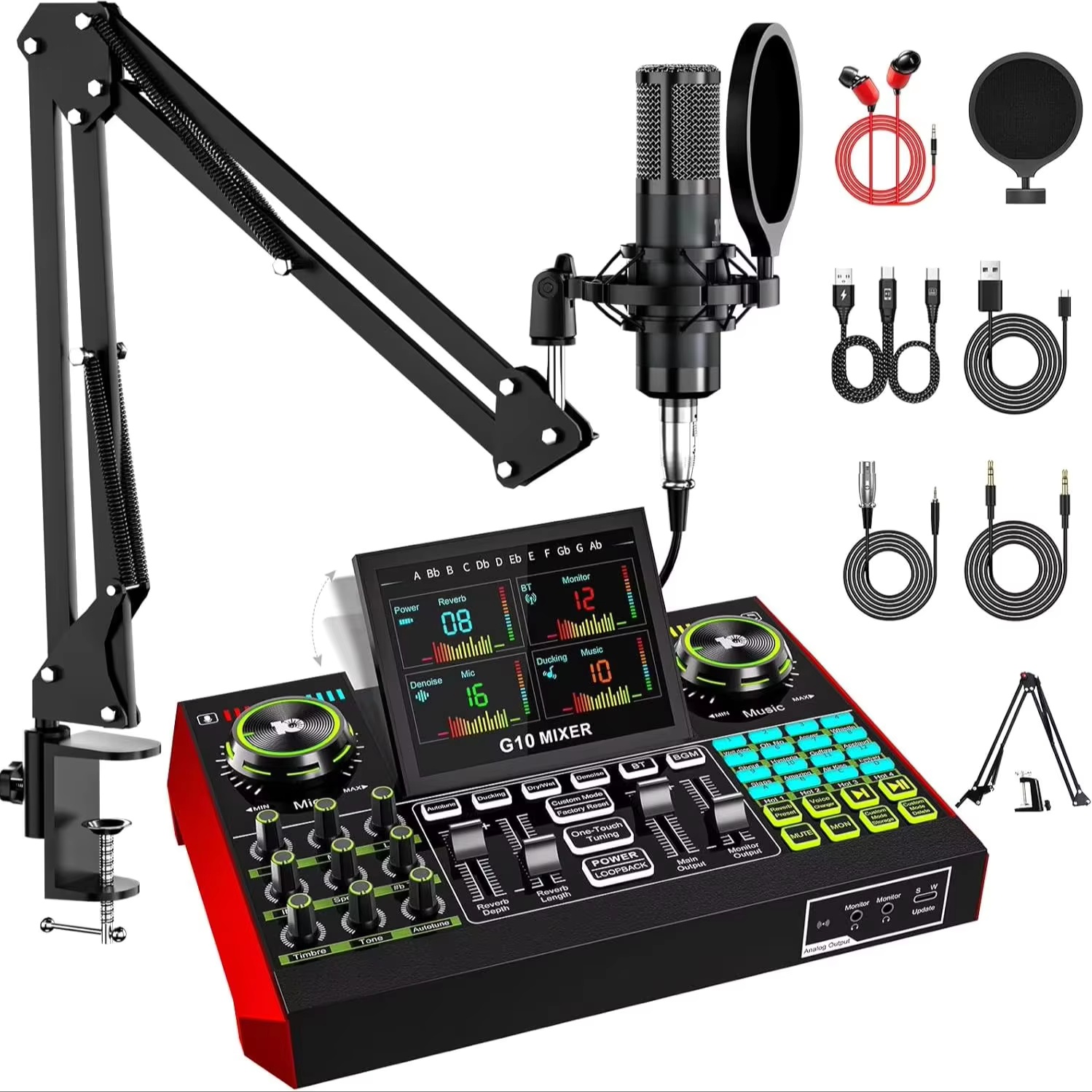 Audio Music Voice Changer - Tenlamp G10 ライブストリーミングオーディオインターフェースゲーミングオーディオミキサー、3.5mmコンデンサーマイク付きポッドキャスト機器、PC/電話用サウンドカード、ポッドキャスト録音、ボイスチェンジャー、ノイズ除去、ファンタム電源、リバーブ、ミュージックパワーコンディショナー、カラオケマシン