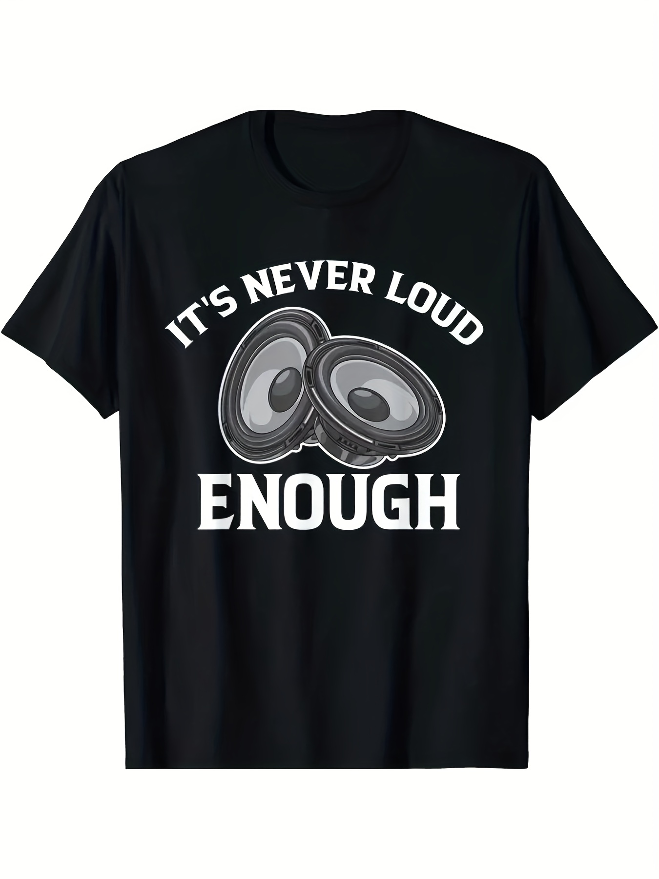 Audio Music Edit - メンズ限定版ヴィンテージカーオーディオパターンTシャツ - 「Never Loud Enough」スピーカーデザイン、ソフトな半袖Tシャツ、音楽愛好家、フィットネス、アウトドア活動に最適、オールシーズン対応のカジュアルウェア、サウンドウェーブと低音強化のスローガン入り、DJやカーオーディオ愛好家への理想的なギフト